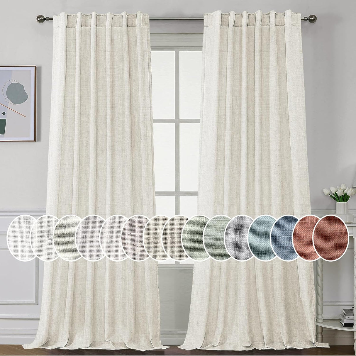Natural Linen Tab Loop Pocket Semi Sheer Light Filtering Curtains