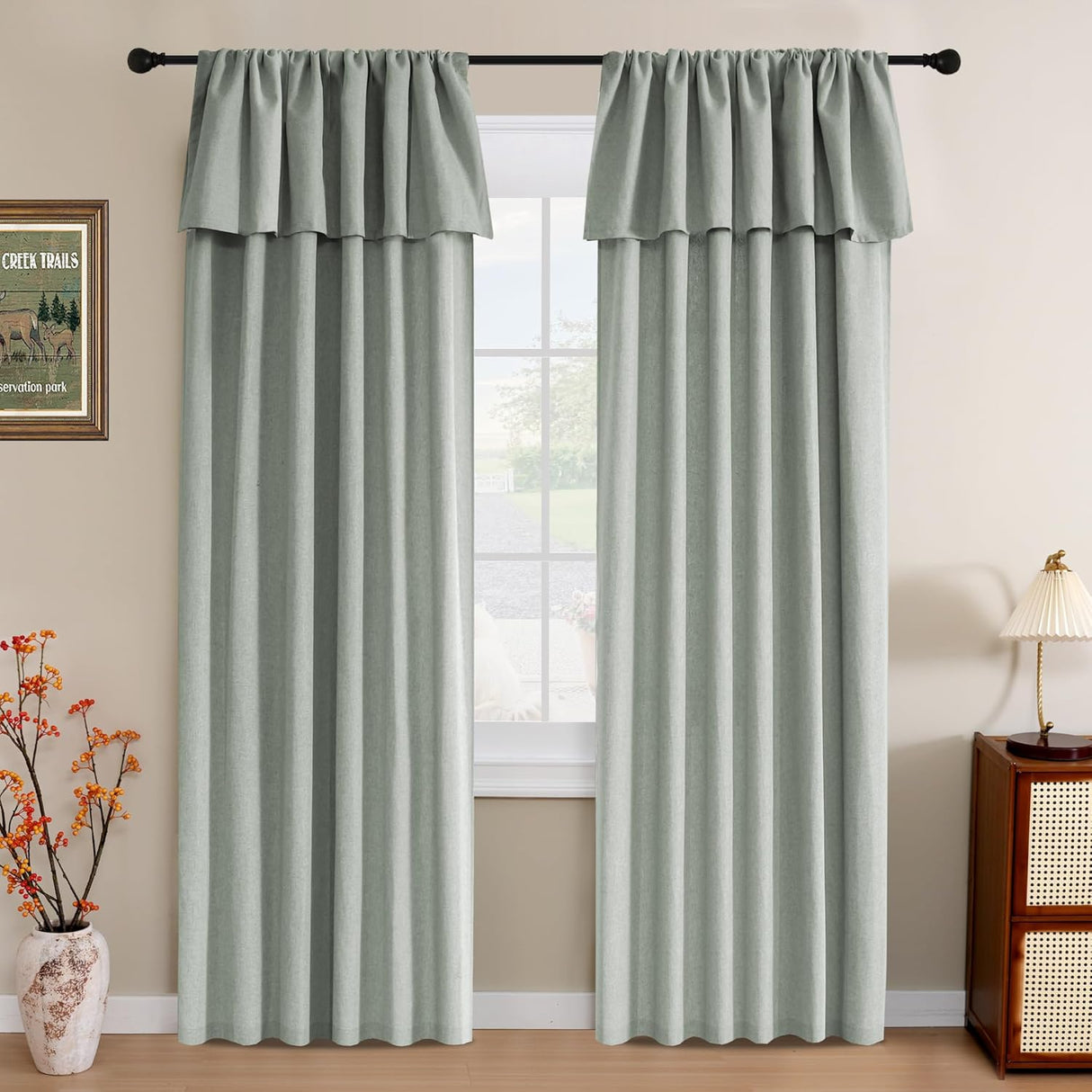 H.VERSAILTEX Linen Curtains with Valance 84 Inch Long 2 Panels Farmhouse Boho Privacy Window Curtains for Living Room Bedroom Ring/Rod Pocket Privacy Light Filtering Drapes, 52x 84 Inch, Heather Sage