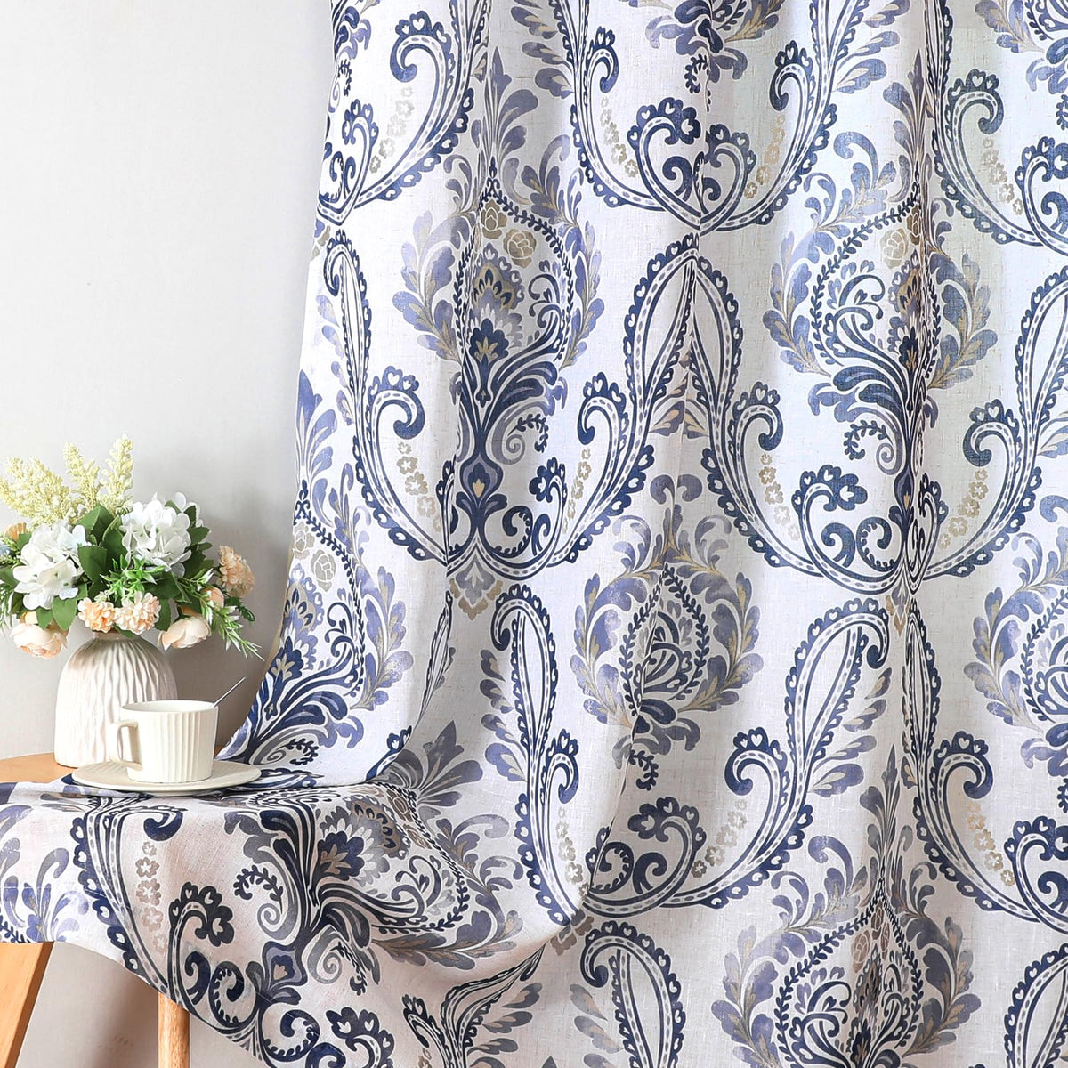 H.VERSAILTEX Farmhouse Floral Curtains for Living Room 84 Inch Length 2 Panles Set Summer Privacy Light Filtering Sheer Curtains Linen Style Drapes, Damask Printed Curtain, Taupe