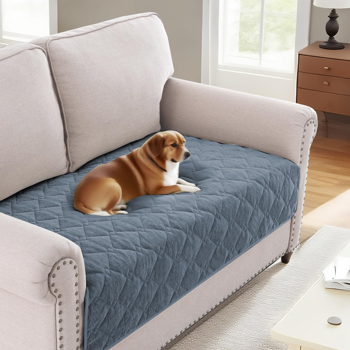 H.VERSAILTEX Couch Cover Chenille Pet Fuzzy Sofa Covers for 3 Cushion Couch Anti Slip Washable Sofa Slipcovers with Strap Soft Couch Protector Cover for Dogs Cats Kids(36" x 74",Khaki)
