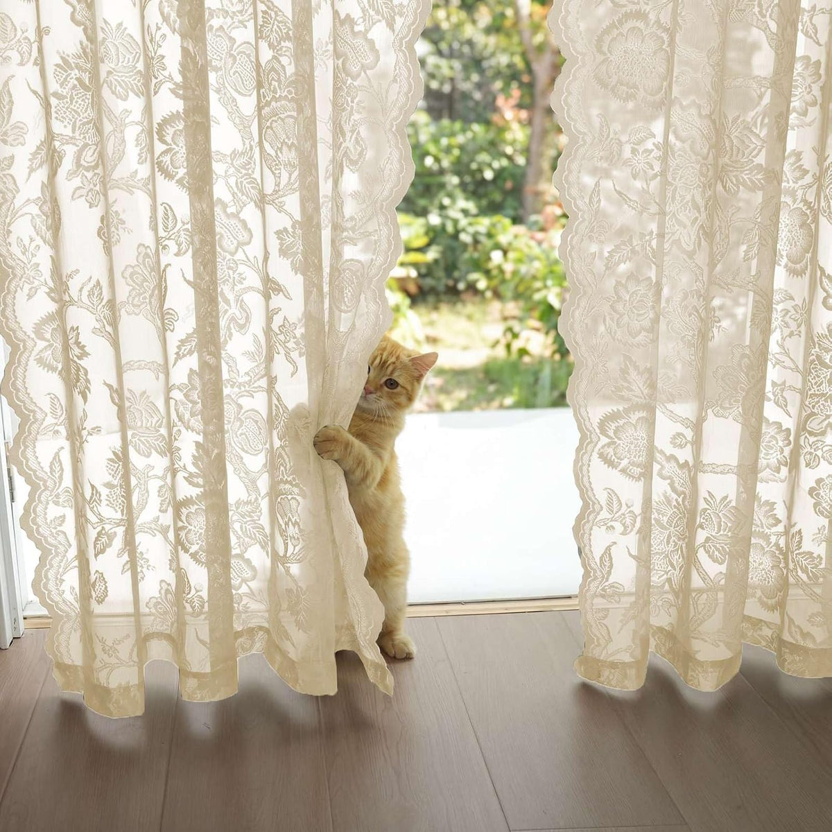 H.VERSAILTEX Cream Beige Lace Curtains 84 Inches Long 2 Panels, Rod Pocket