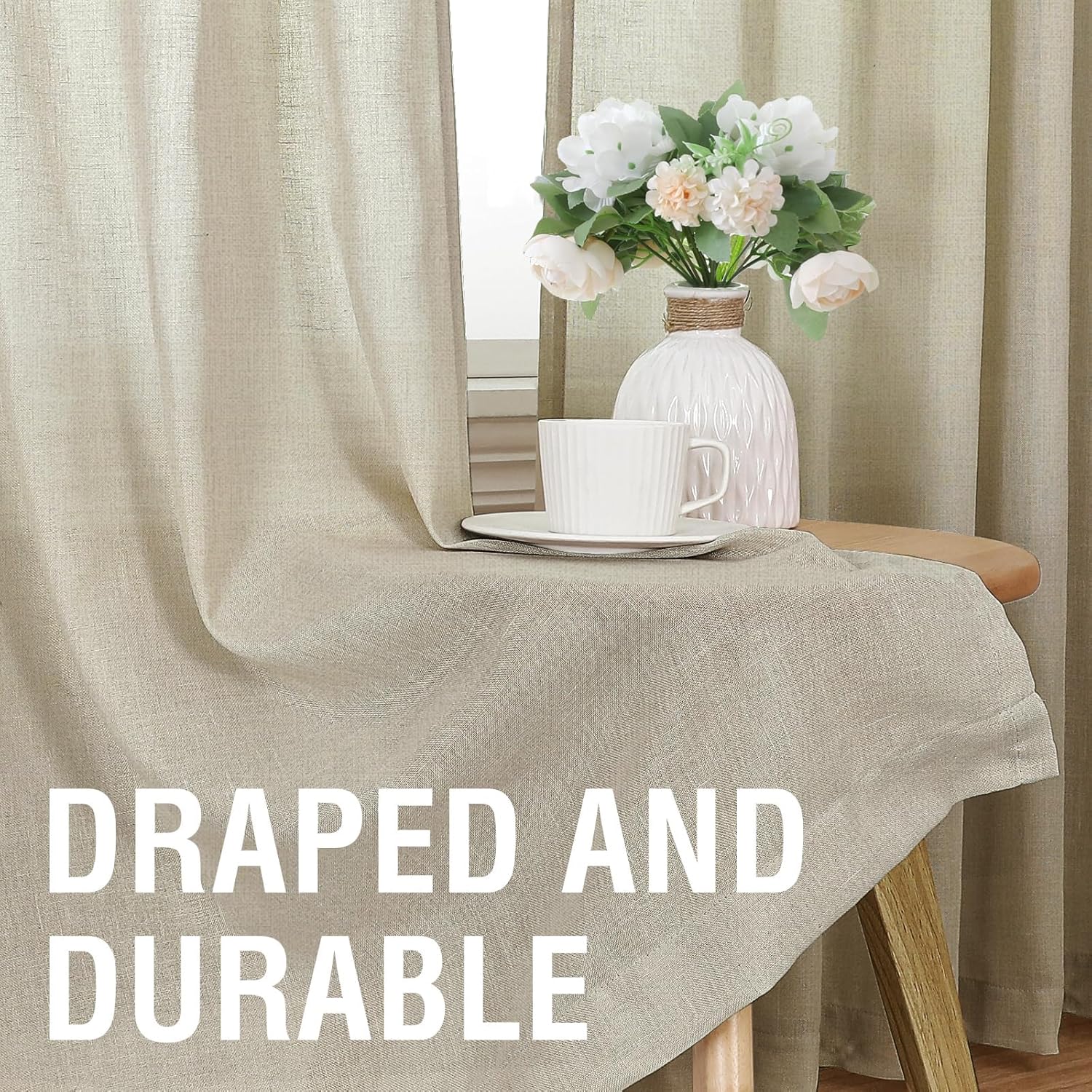 Natural Linen Tab Loop Pocket Semi Sheer Light Filtering Curtains