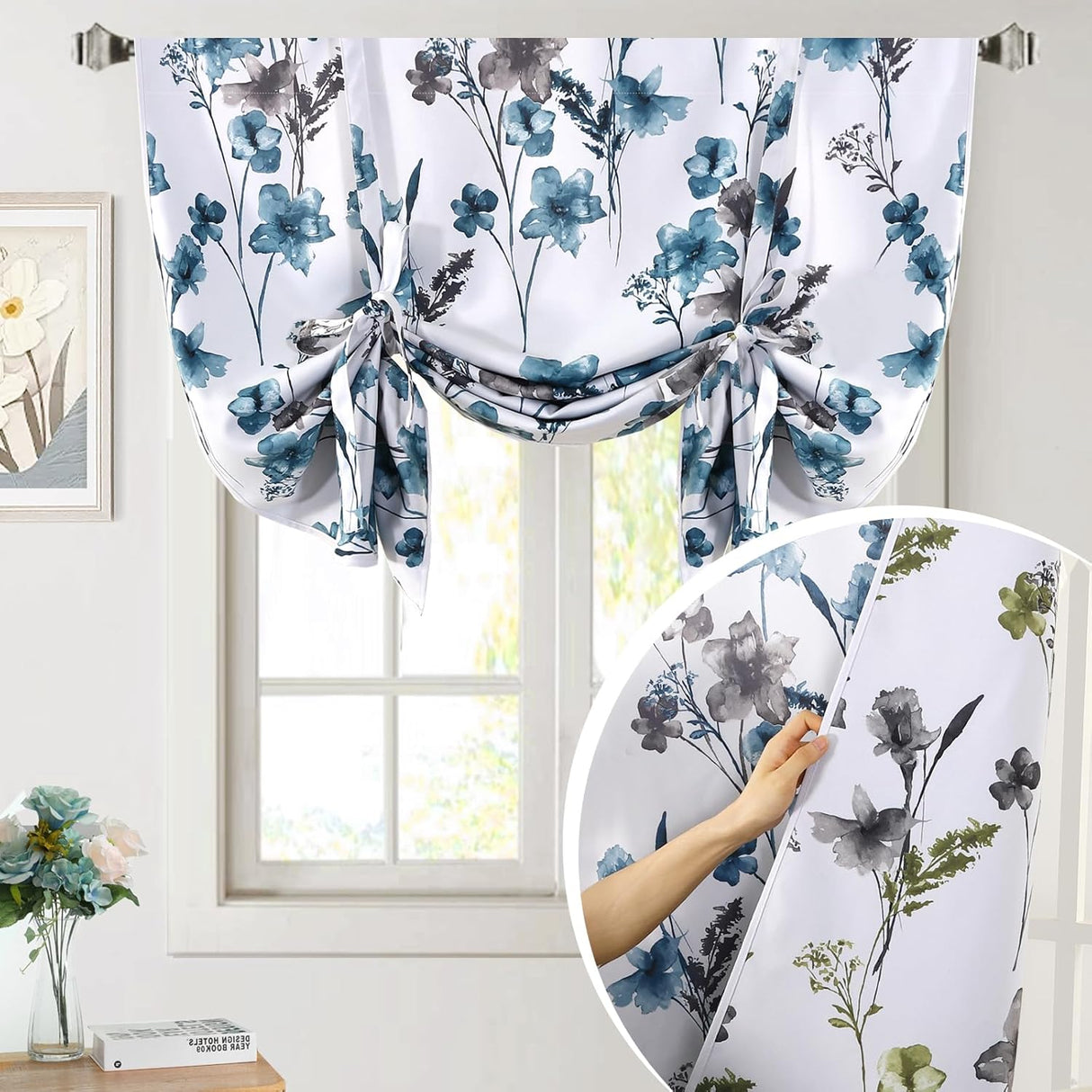 H.VERSAILTEX Tie Up Curtain Double Sided Cattleya Floral Printed Rod Pocket Balloon Roman Window Valance