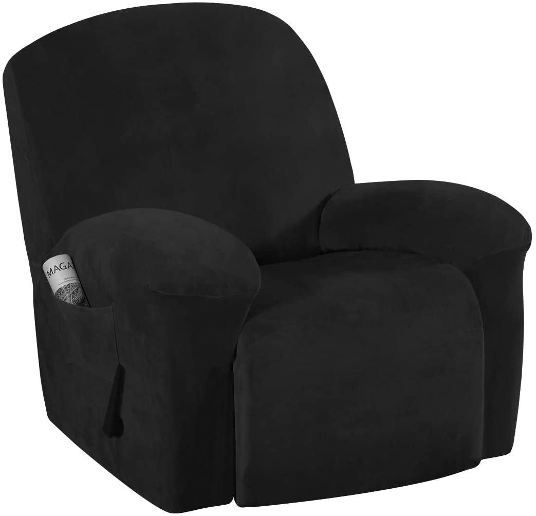 Recliner Chair Cover Velvet Plush 1-Piece Recliner Covers for Large Recliner, Soft Thick Luxury Velvet Furniture Protector with Elastic Bottom, Anti-Slip Foams Attached (Recliner, Grey)