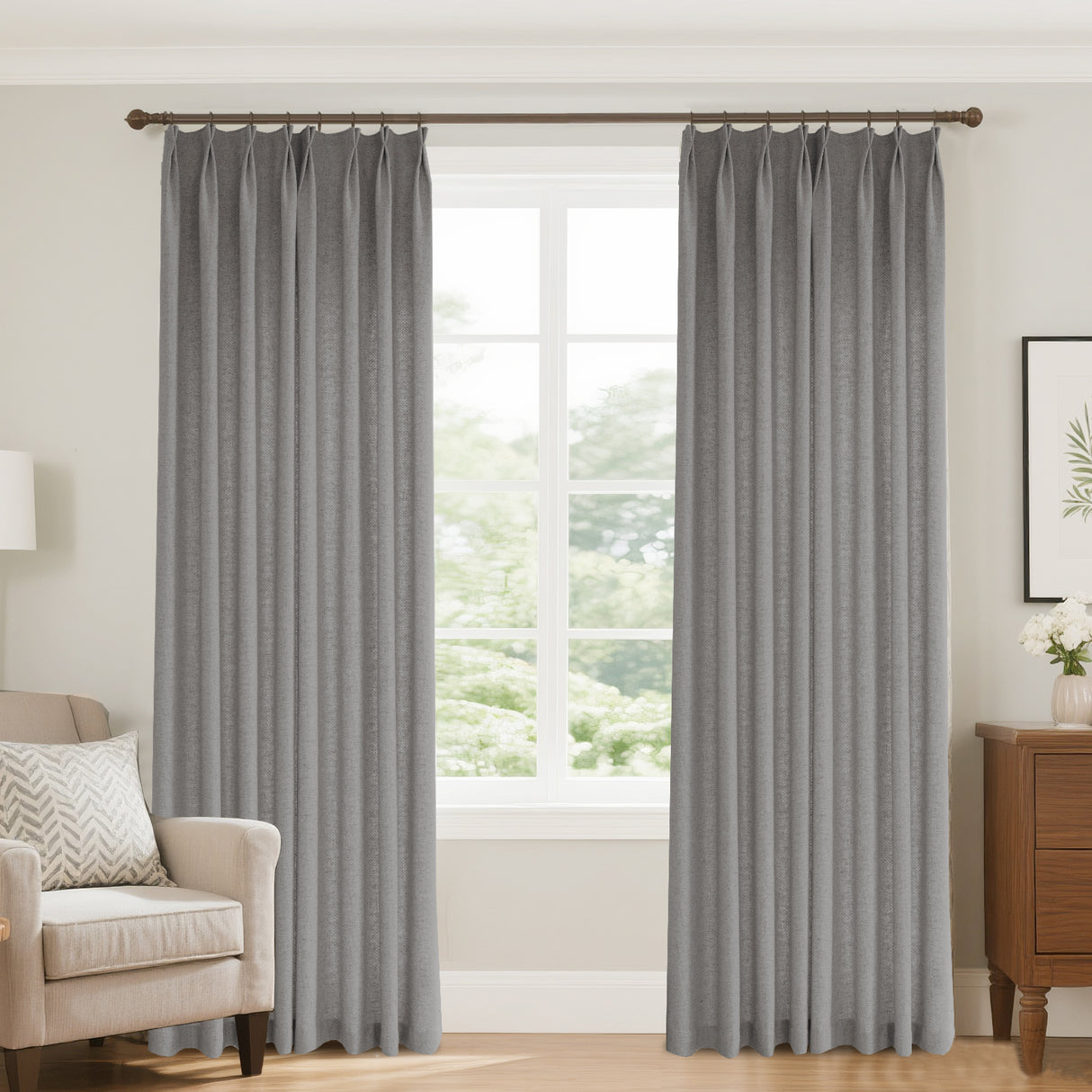 Aurevia Grid-Weave Linen Curtain Drapery Pleated