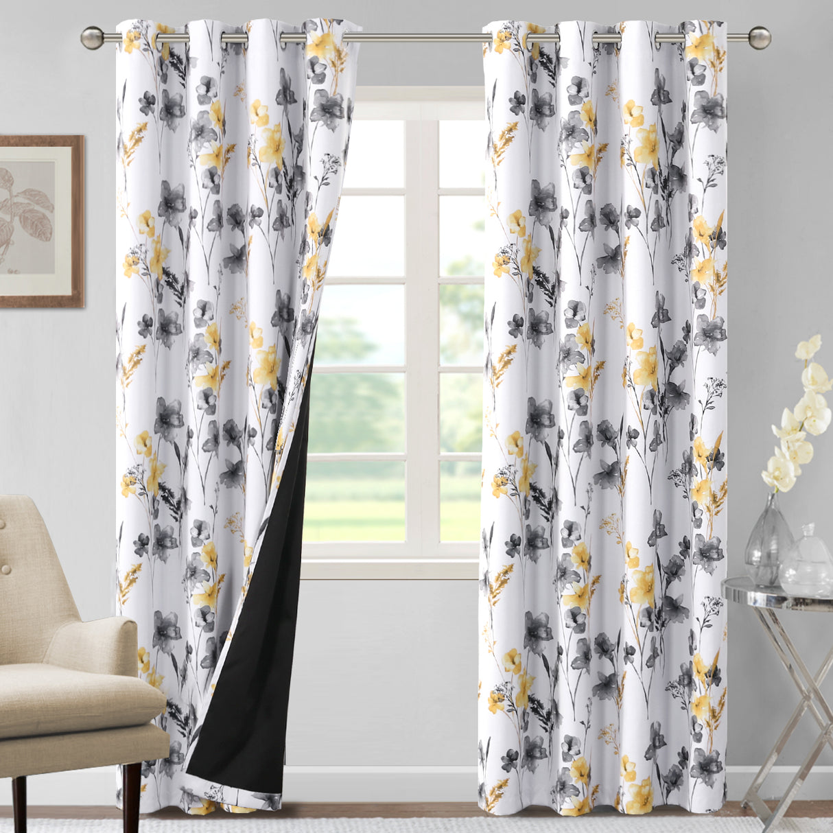 Black Back Printed Floral Curtain