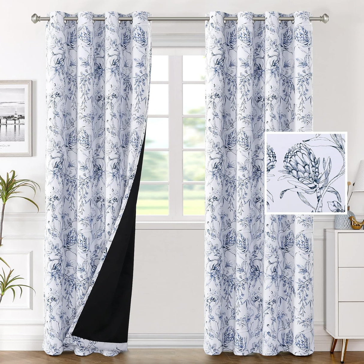 H.VERSAILTEX 100% Blackout Curtains for Living Room Camellia Floral Thermal Insulated Grommet Window Drapes 2 Panels