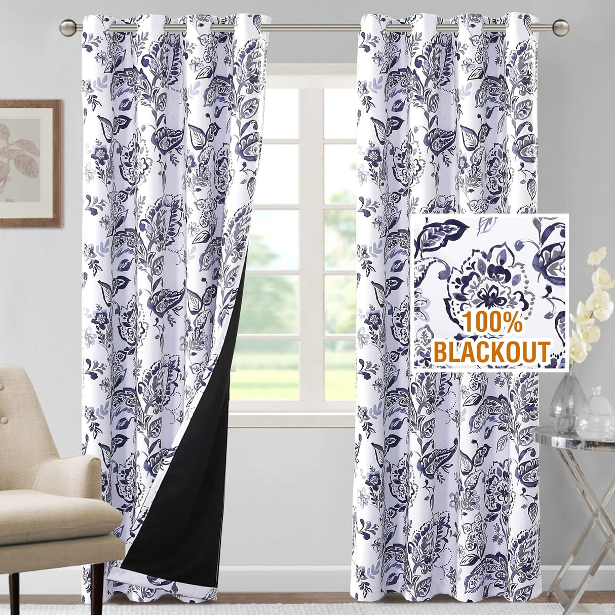 H.VERSAILTEX 100% Blackout Curtains for Living Room Camellia Floral Thermal Insulated Grommet Window Drapes 2 Panels