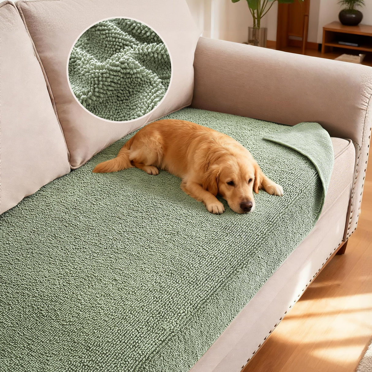 H.VERSAILTEX Non Slip Pet Couch Cover Chenille Dog Bed Protector Thick Soft Sofa Slipcover Pet Friendly Washable Couch Cushion Covers for Pets (30" x 53", Sage)
