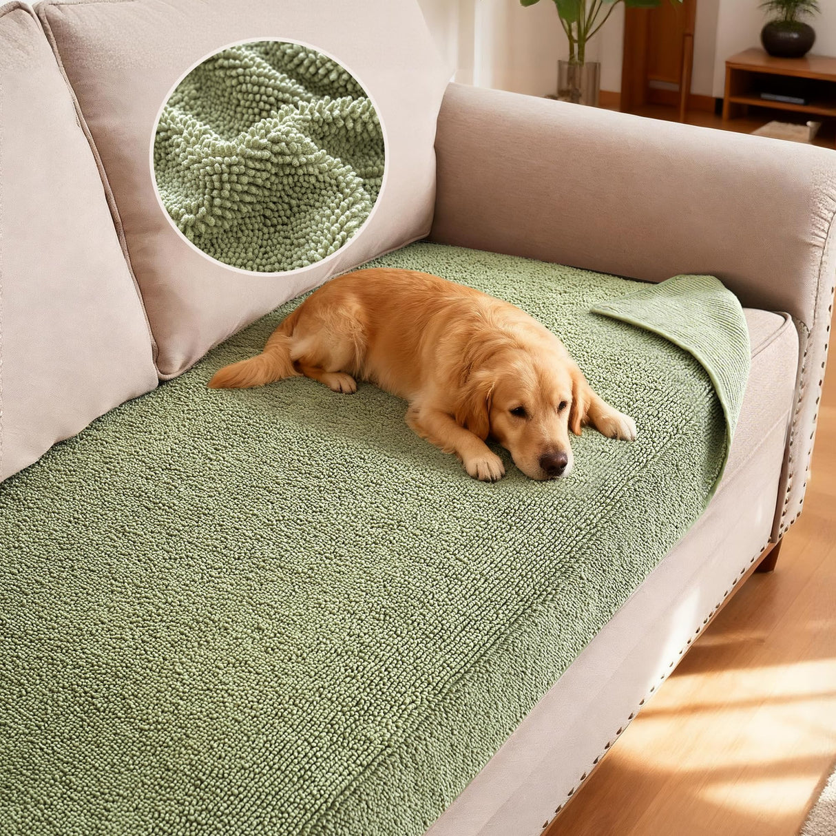 H.VERSAILTEX Non Slip Pet Couch Cover Chenille Dog Bed Protector Thick Soft Sofa Slipcover Pet Friendly Washable Couch Cushion Covers for Pets (30" x 53", Sage)