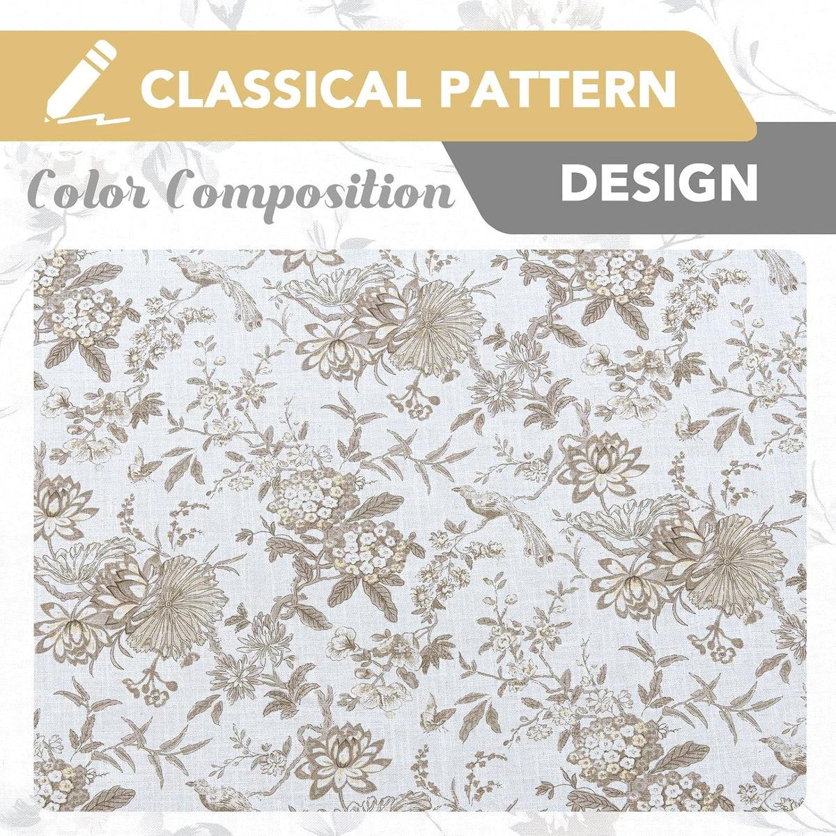 H.VERSAILTEX Linen Blend Curtains for Living Room Printed Floral Curtain Grommet Farmhouse Flower Patterned Drapes Window Treatment Panels Set of 2 Panels, 52" W x 84" L, Iberra Sesame - Taupe
