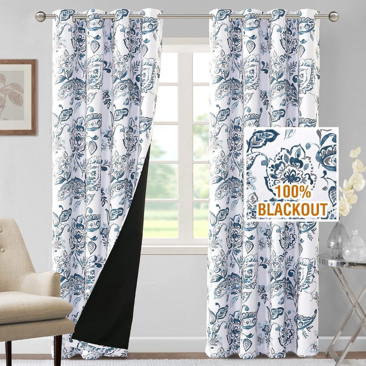 H.VERSAILTEX 100% Blackout Curtains for Living Room Camellia Floral Thermal Insulated Grommet Window Drapes 2 Panels