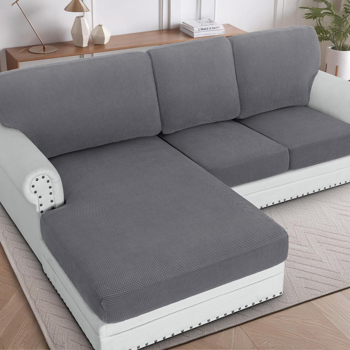 H.VERSAILTEX Sectional Couch Covers 1 Piece Chaise Slipcover L Shape Separate Cushion Couch Cover for Both Left/Right Sectional Couch