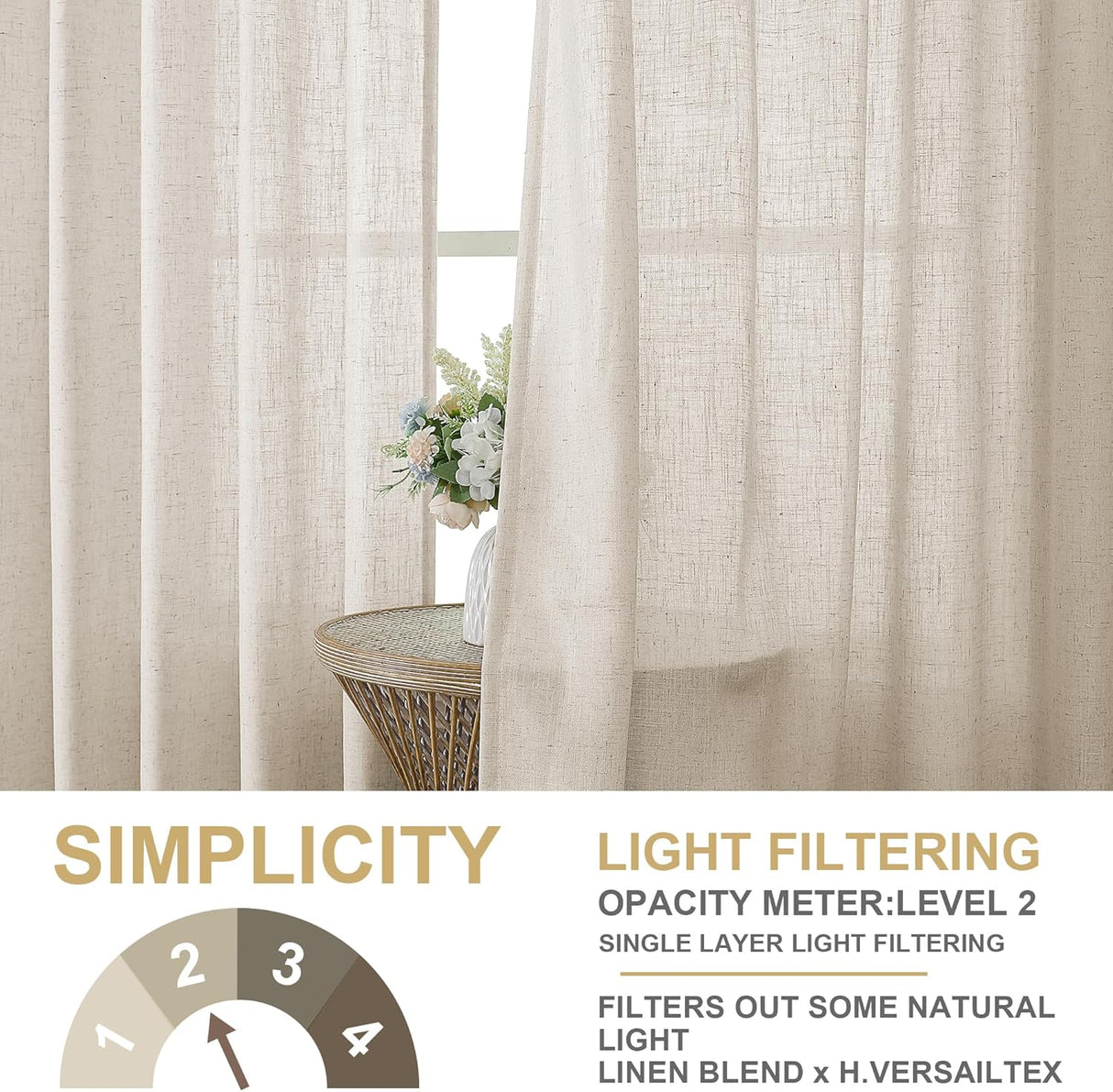 H.VERSAILTEX Linen Curtains with Attached Valance 95 Inch Length for Living Room Boho Window Drapes 2 Panels Set for Farmhouse Semi-Sheer Treatments Rod Pocket/Ring Top for Bedroom 52 x 95 Inch, Linen
