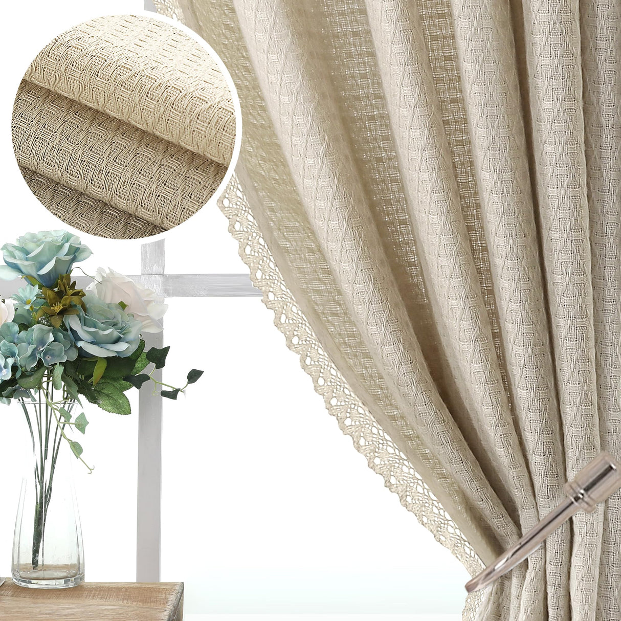 H.VERSAILTEX Boho Linen Curtains for Living Room Linen Textured Bedroom Curtain Light Filtering Back Tab, 52 x 84 inches Long, White, Set of 2 Panels