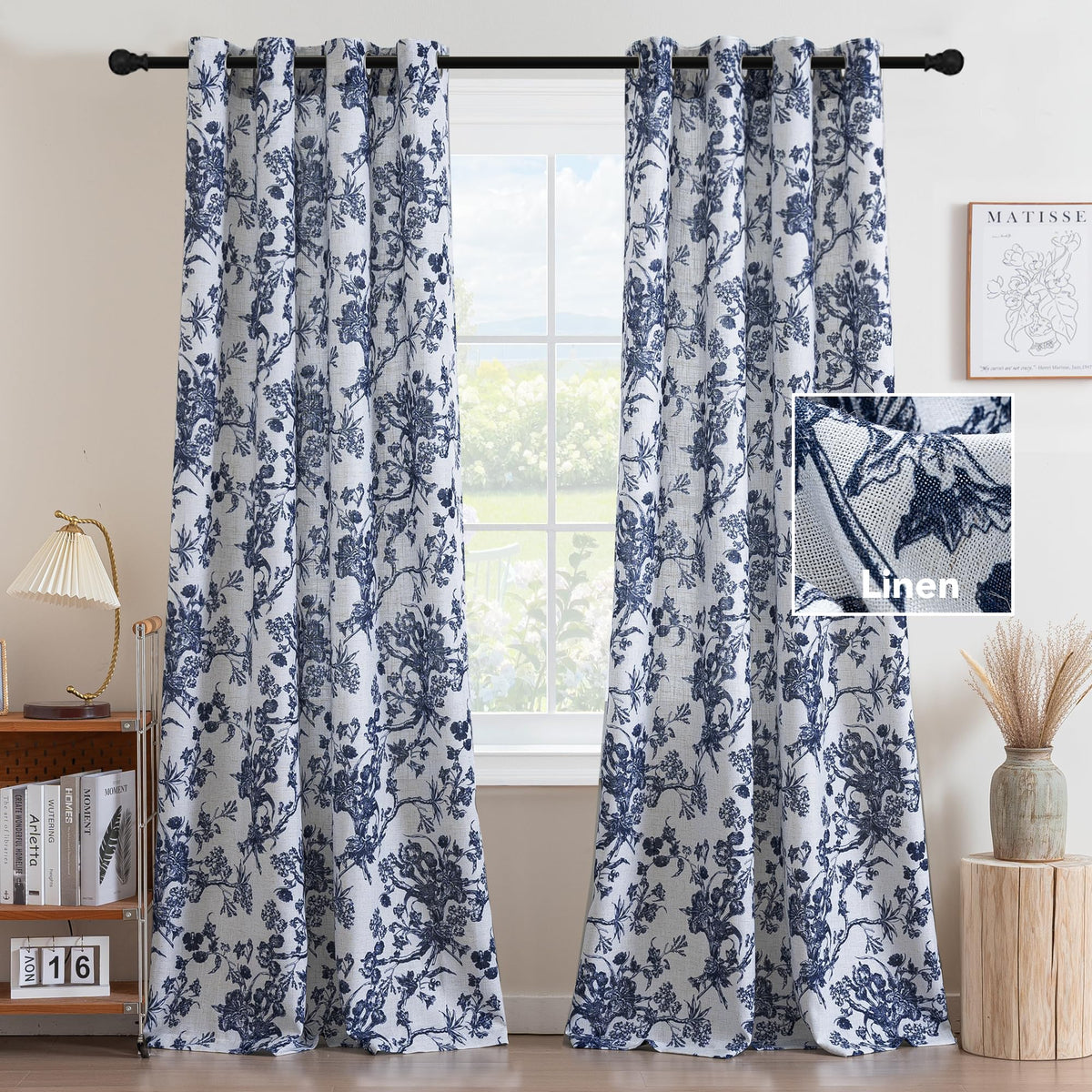 H.VERSAILTEX Linen Blend Curtains for Living Room Printed Floral Curtain Grommet Farmhouse Flower Patterned Drapes Window Treatment Panels Set of 2 Panels, 52" W x 84" L, Iberra Sesame - Taupe