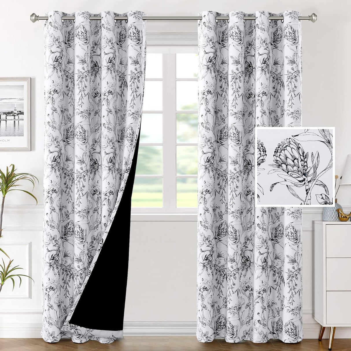 H.VERSAILTEX 100% Blackout Curtains for Living Room Camellia Floral Thermal Insulated Grommet Window Drapes 2 Panels