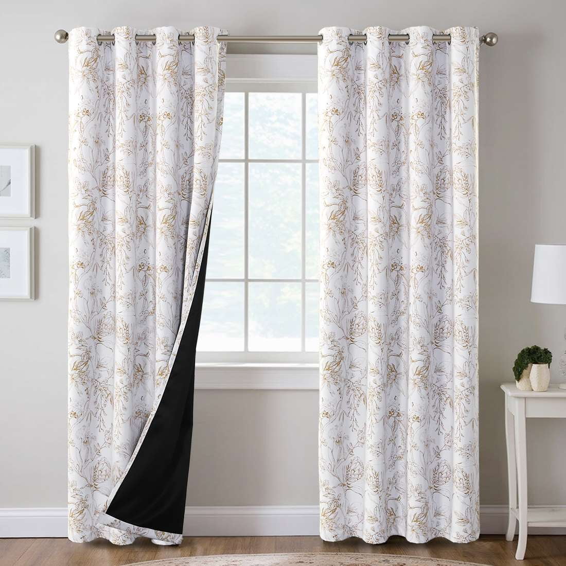 H.VERSAILTEX 100% Blackout Curtains Camellia Floral Printed Drapes Leah Floral Thermal Bedroom Curtains for Living room with Black Liner 2 Panels,52" x 108",Taupe
