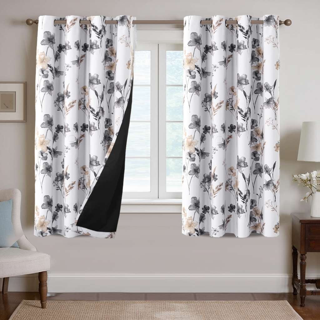 H.VERSAILTEX 100% Blackout Curtains Cattleya Floral Printed Drapes Leah Floral Thermal Bedroom Curtains for Living room with Black Liner 2 Panels,52" x 96",Grey/BLue