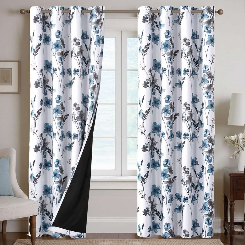 H.VERSAILTEX 100% Blackout Curtains Cattleya Floral Printed Drapes Leah Floral Thermal Bedroom Curtains for Living room with Black Liner 2 Panels,52" x 96",Grey/BLue