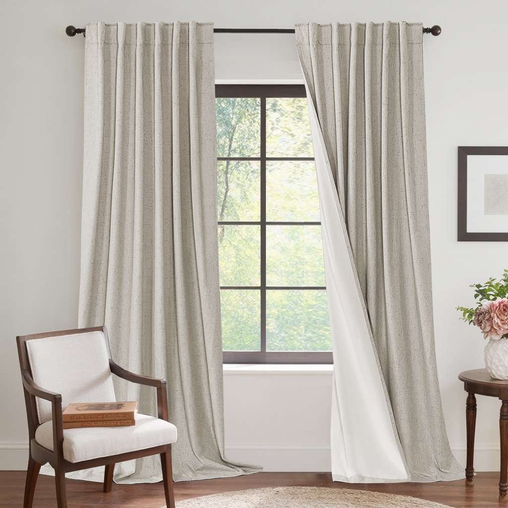 H.VERSAILTEX Contemporary Faux Linen 100% Blackout Back Tab/Rod Pocket/Hook Belt Thermal Insulated Curtain Sets for Bedroom, 2 Panels, 52"x 63", Beige