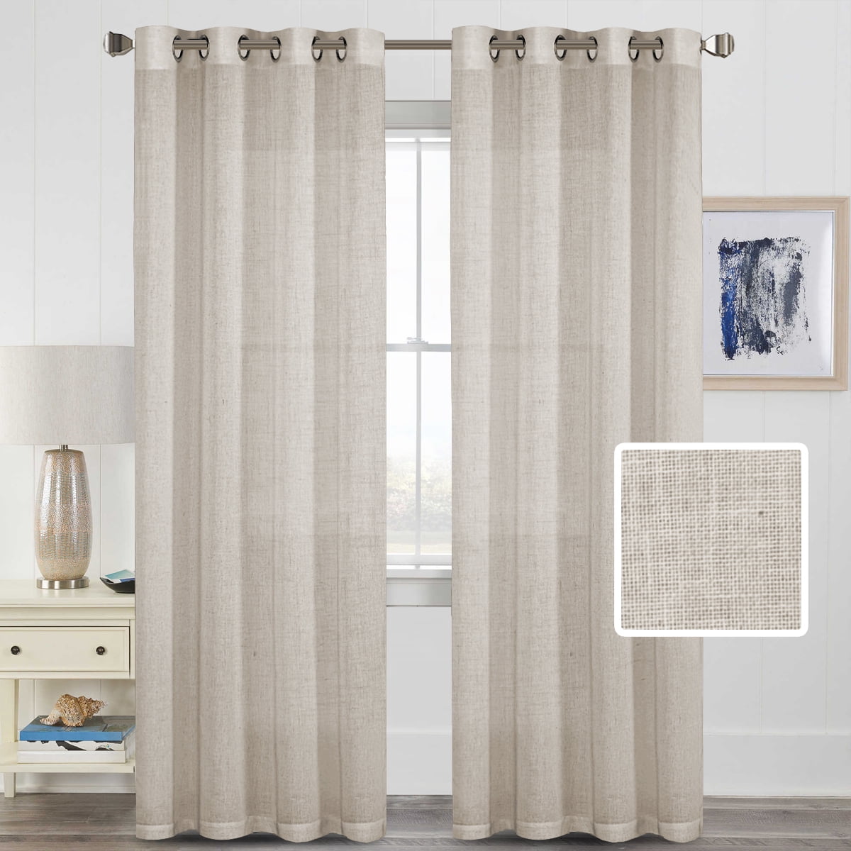 H.VERSAILTEX Linen Sheer Curtains 2 Panel Sets 96 Inch Length- Semi Transparent Privacy Sheer Vertical Curtains & Drapes for Sliding Glass Doors, Angora, 52 x 96 Inch