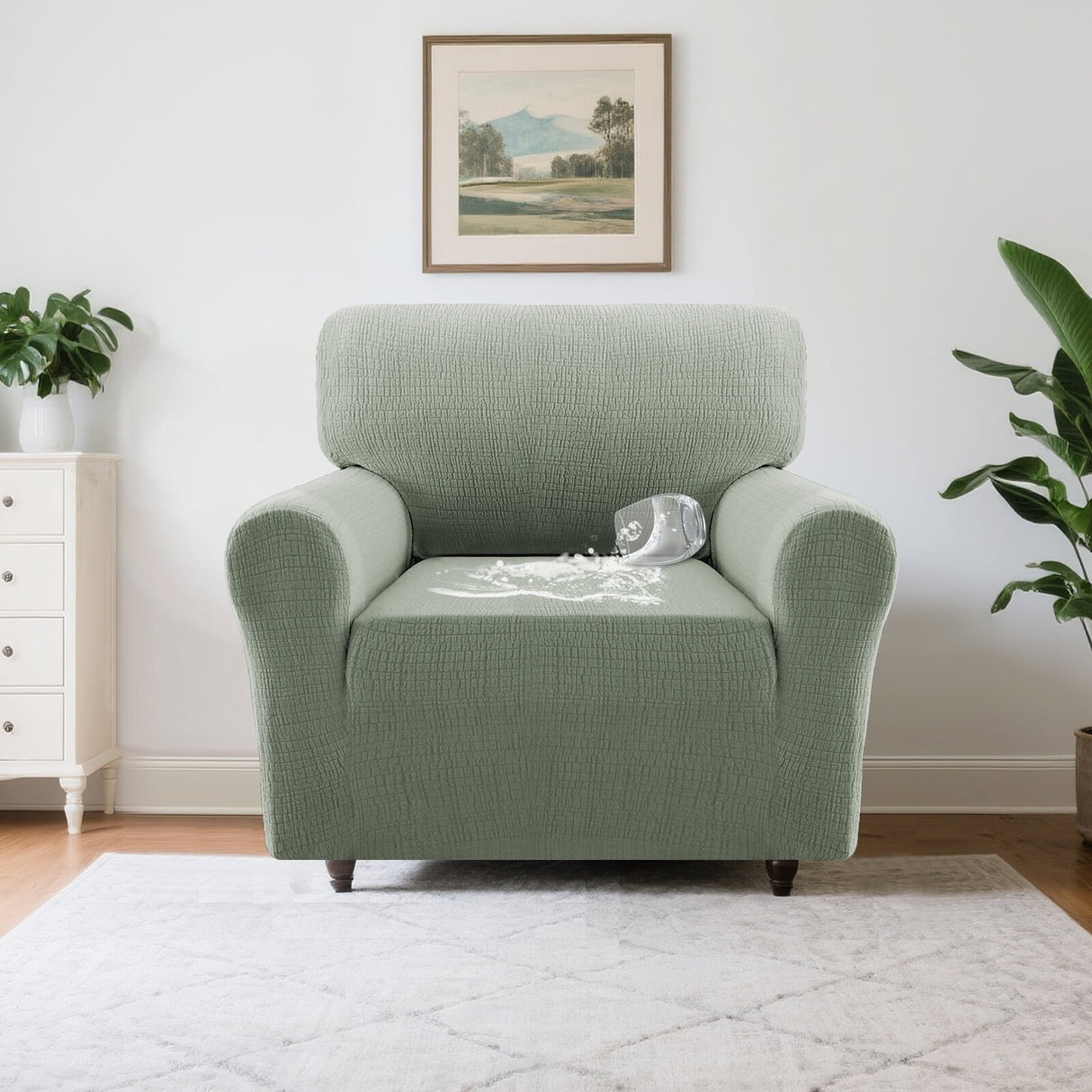 H.VERSAILTEX Premium Jacquard Stretch Sofa Cover with Waterproof Seat & Elastic Bottom Protection for Kids,Pets 1-Piece Furniture Protector Slipcover(Armchair,Sea Grass)