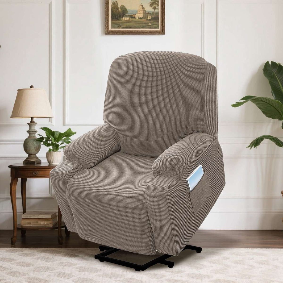 H.VERSAILTEX Slipcover Stretch Electric Power Lift Recliner Chair Cover with Side Pocket, Soft Thick Jacquard(Single Seat, Grey)