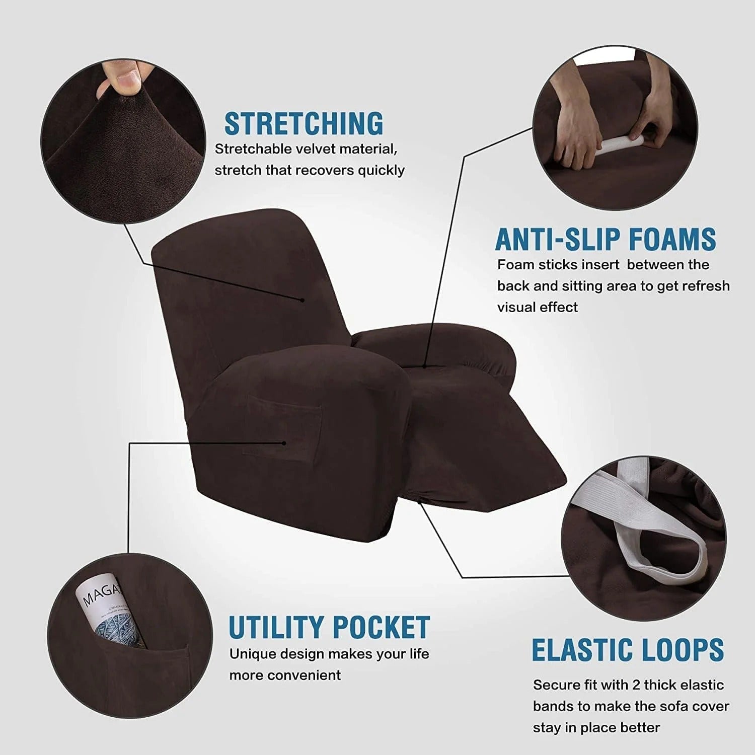Velvet Plush Slip Covers for Recliners with Arms 1-Piece Stretch Recliner