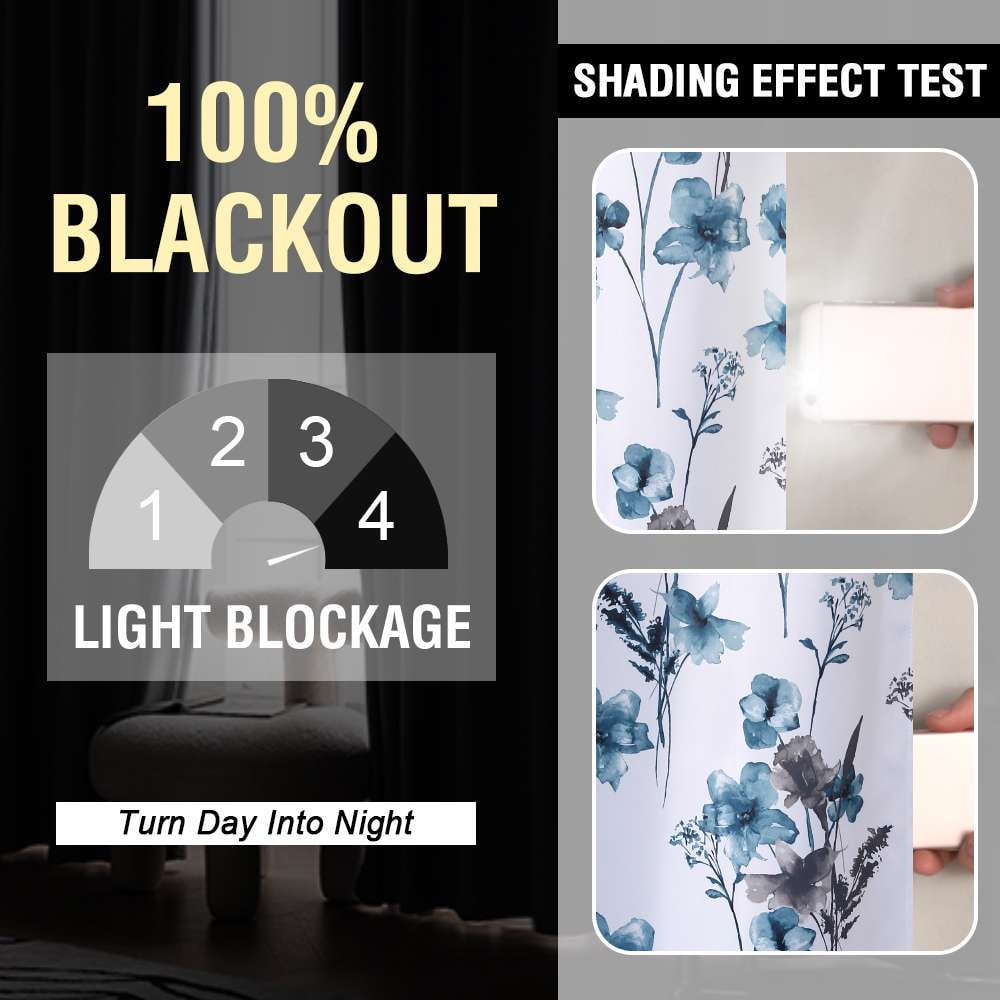 H.VERSAILTEX 100% Blackout Curtains Cattleya Floral Printed Drapes Leah Floral Thermal Bedroom Curtains for Living room with Black Liner 2 Panels,52" x 96",Grey/BLue