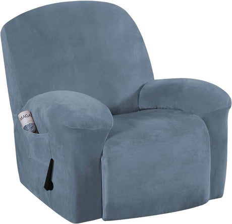 Recliner Chair Cover Velvet Plush 1-Piece Recliner Covers for Large Recliner, Soft Thick Luxury Velvet Furniture Protector with Elastic Bottom, Anti-Slip Foams Attached (Recliner, Grey)