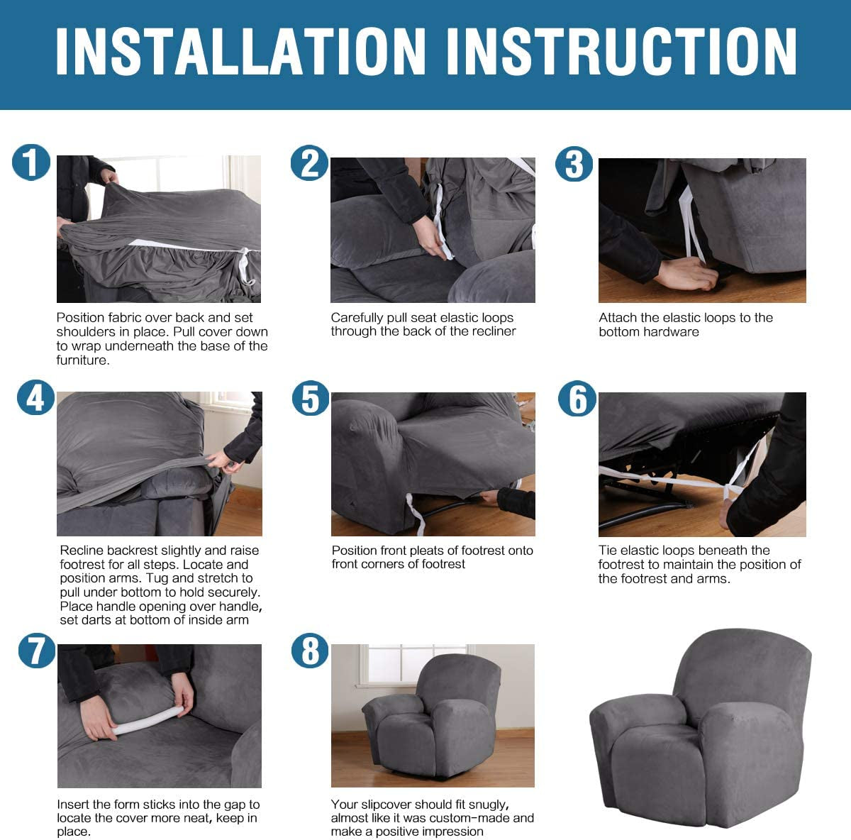 Recliner Chair Cover Velvet Plush 1-Piece Recliner Covers for Large Recliner, Soft Thick Luxury Velvet Furniture Protector with Elastic Bottom, Anti-Slip Foams Attached (Recliner, Grey)