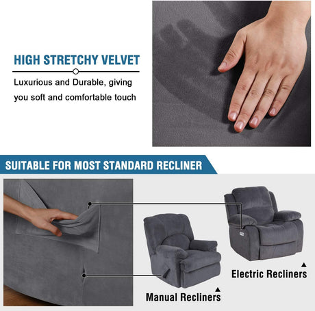 Recliner Chair Cover Velvet Plush 1-Piece Recliner Covers for Large Recliner, Soft Thick Luxury Velvet Furniture Protector with Elastic Bottom, Anti-Slip Foams Attached (Recliner, Grey)
