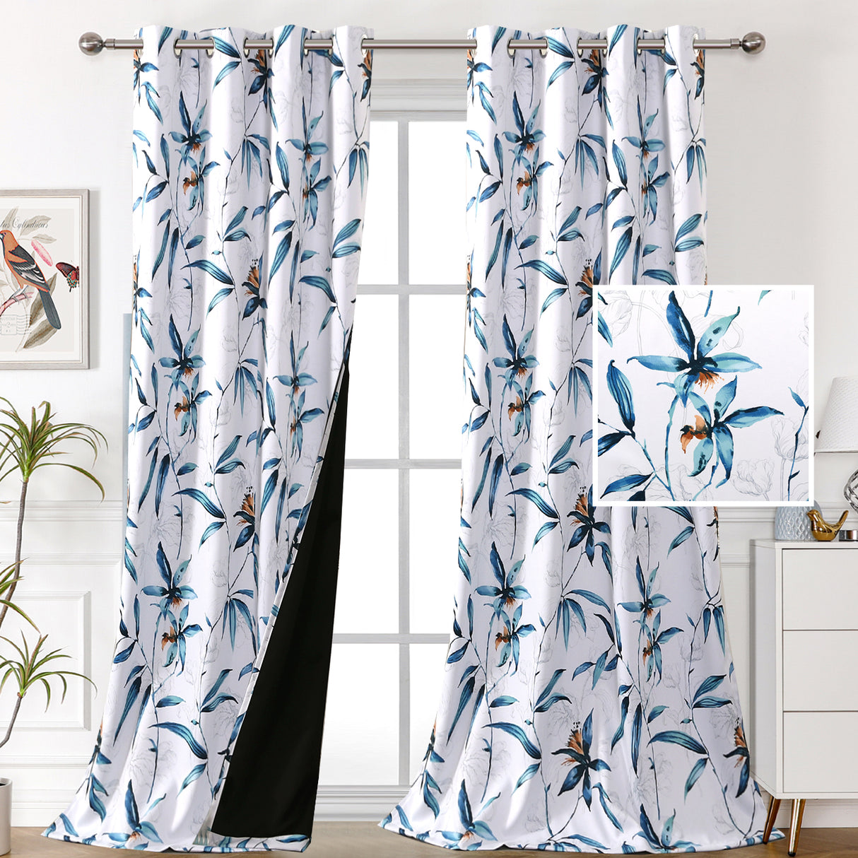 Black Back Printed Floral Curtain
