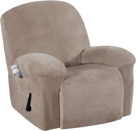 Recliner Chair Cover Velvet Plush 1-Piece Recliner Covers for Large Recliner, Soft Thick Luxury Velvet Furniture Protector with Elastic Bottom, Anti-Slip Foams Attached (Recliner, Grey)