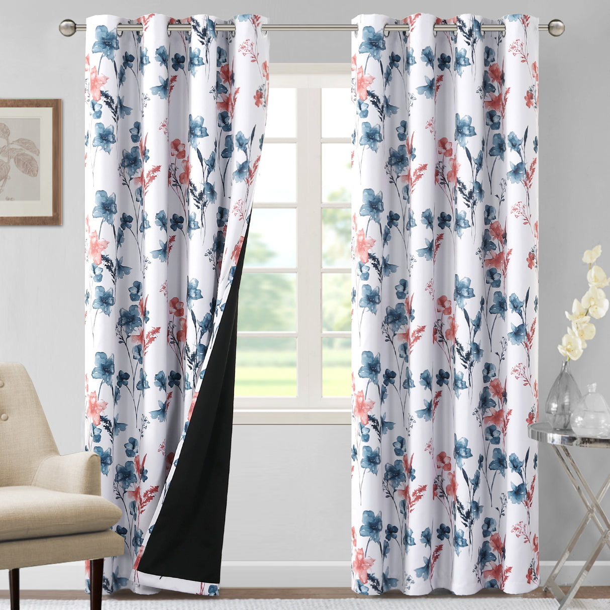 Black Back Printed Floral Curtain