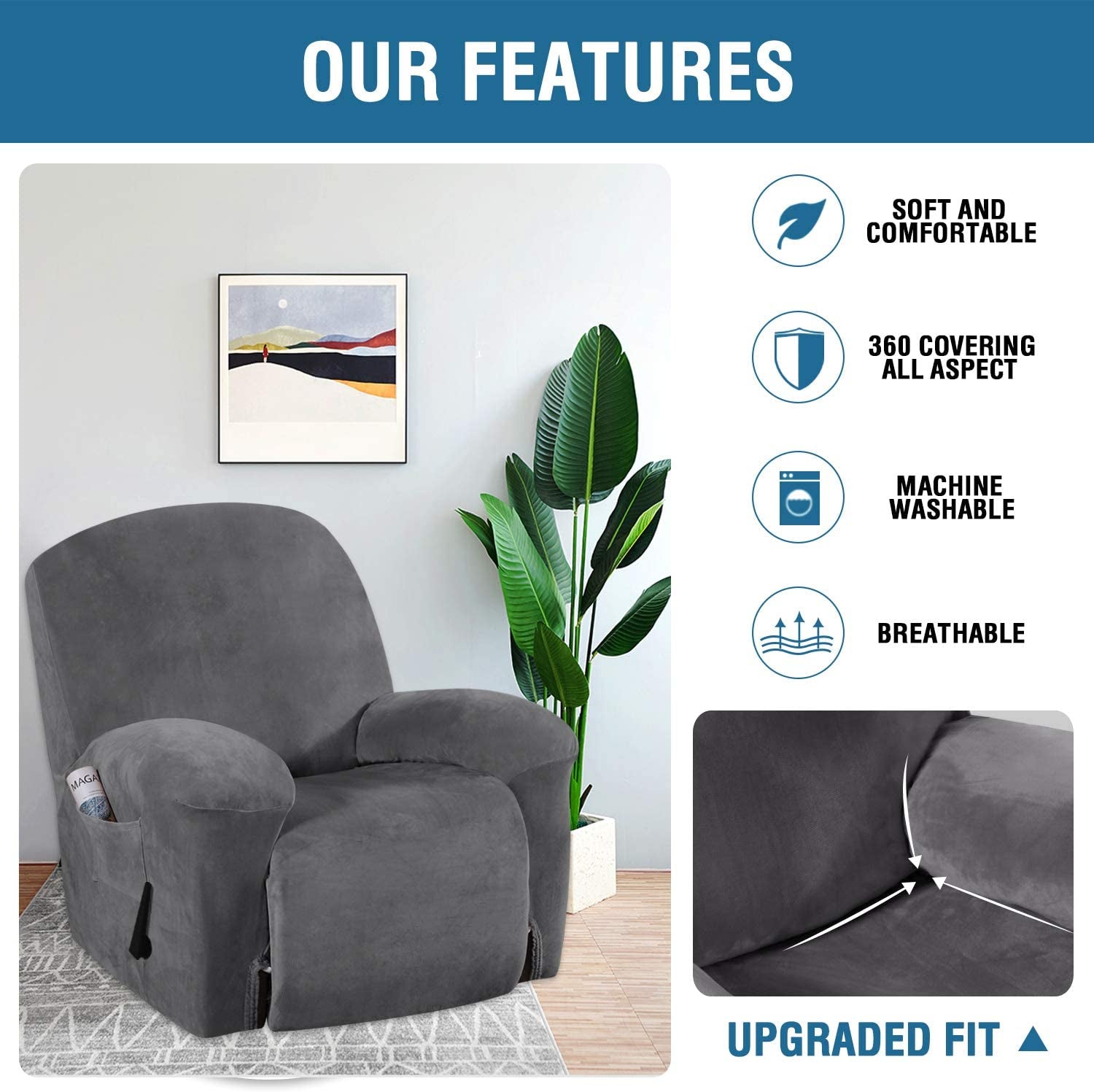 Recliner Chair Cover Velvet Plush 1-Piece Recliner Covers for Large Recliner, Soft Thick Luxury Velvet Furniture Protector with Elastic Bottom, Anti-Slip Foams Attached (Recliner, Grey)