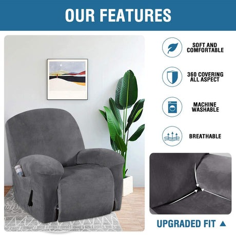 Recliner Chair Cover Velvet Plush 1-Piece Recliner Covers for Large Recliner, Soft Thick Luxury Velvet Furniture Protector with Elastic Bottom, Anti-Slip Foams Attached (Recliner, Grey)