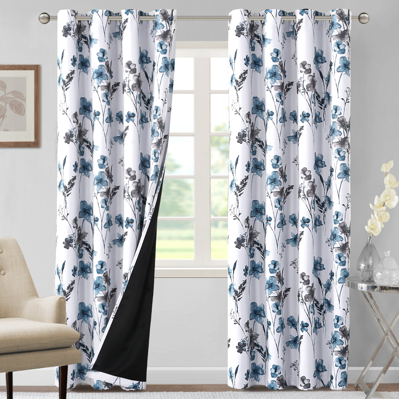 100% Blackout Printed Floral Curtains