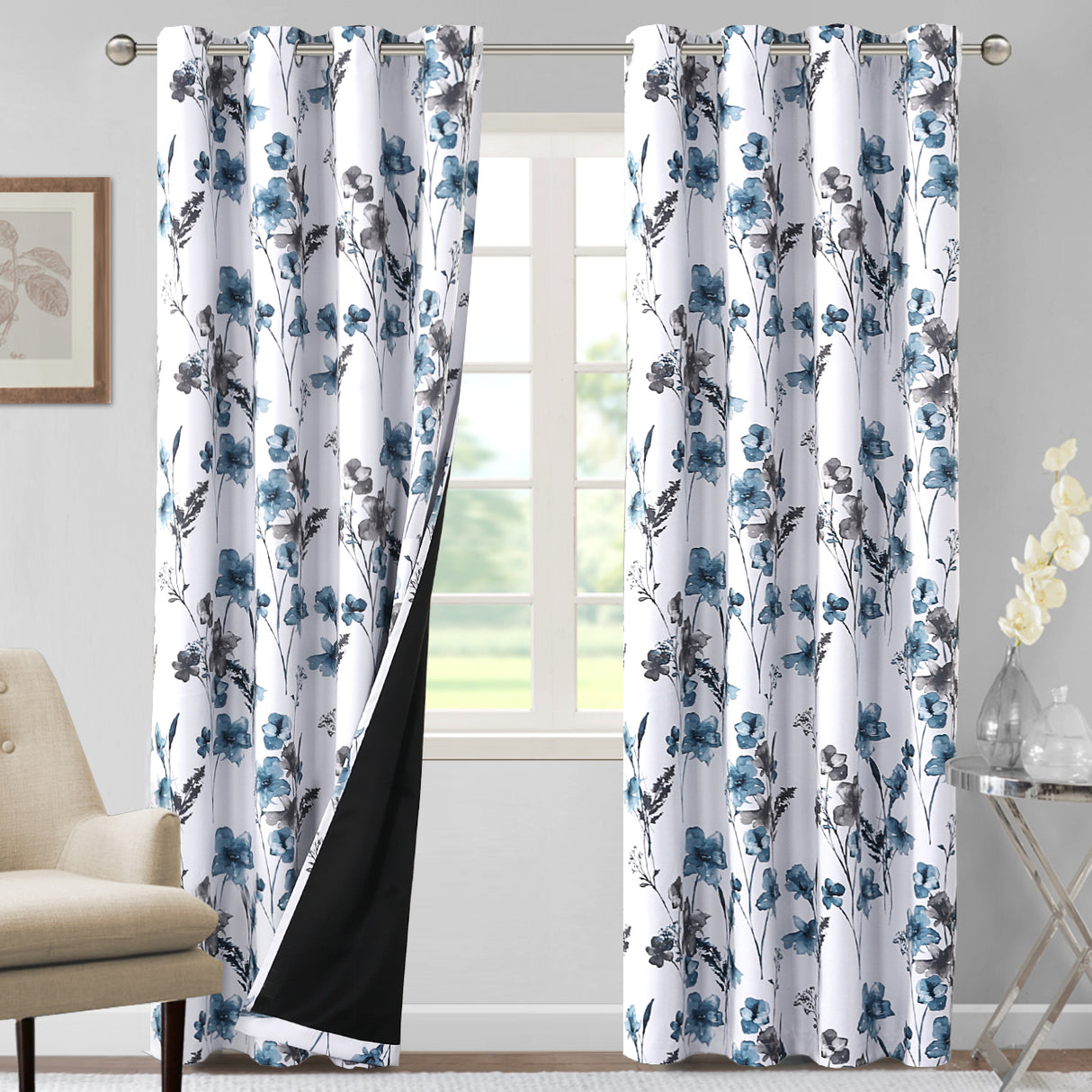 Black Back Printed Floral Curtain