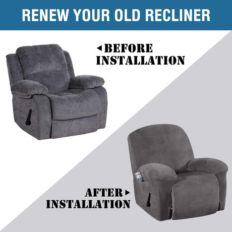 Recliner Chair Cover Velvet Plush 1-Piece Recliner Covers for Large Recliner, Soft Thick Luxury Velvet Furniture Protector with Elastic Bottom, Anti-Slip Foams Attached (Recliner, Grey)