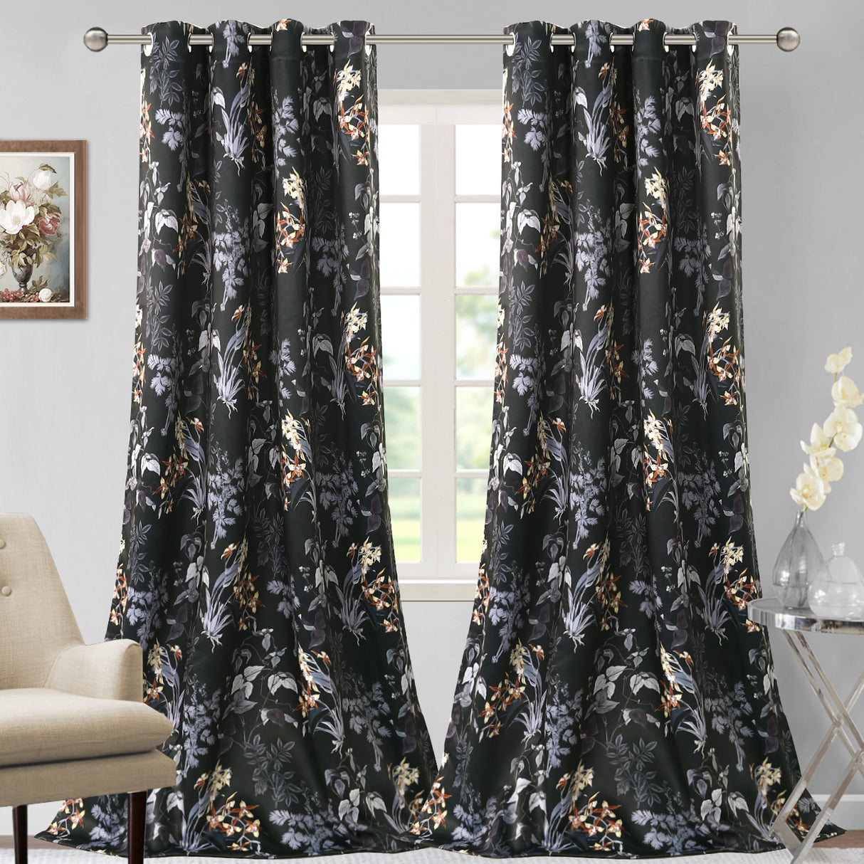 Black Back Printed Floral Curtain