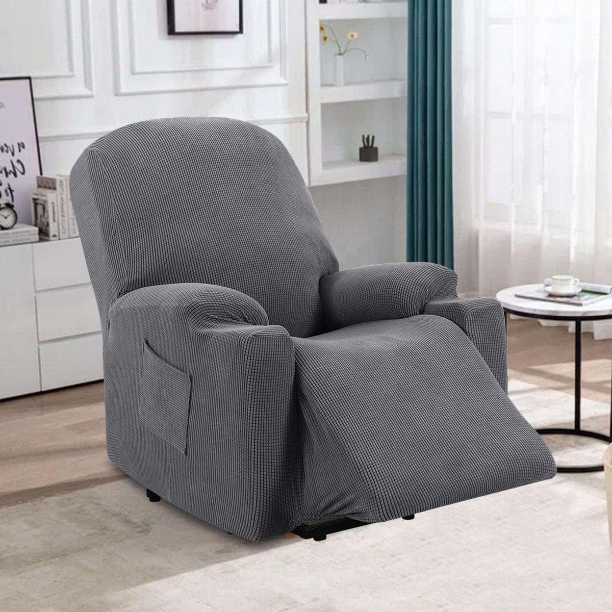 H.VERSAILTEX Slipcover Stretch Electric Power Lift Recliner Chair Cover with Side Pocket, Soft Thick Jacquard(Single Seat, Grey)