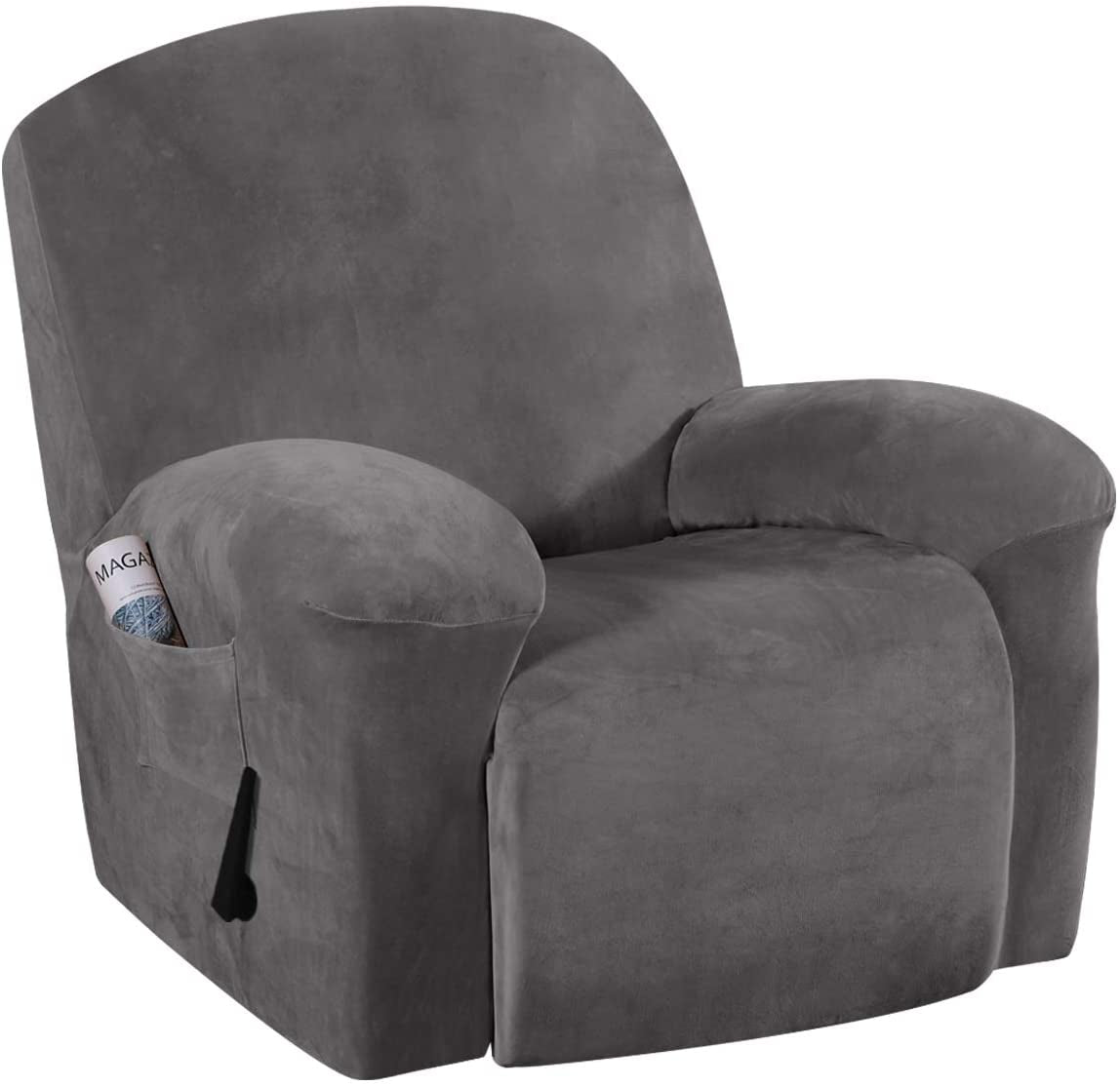 Recliner Chair Cover Velvet Plush 1-Piece Recliner Covers for Large Recliner, Soft Thick Luxury Velvet Furniture Protector with Elastic Bottom, Anti-Slip Foams Attached (Recliner, Grey)