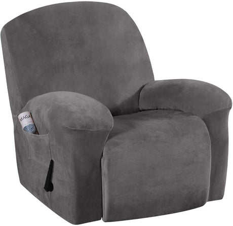 Recliner Chair Cover Velvet Plush 1-Piece Recliner Covers for Large Recliner, Soft Thick Luxury Velvet Furniture Protector with Elastic Bottom, Anti-Slip Foams Attached (Recliner, Grey)