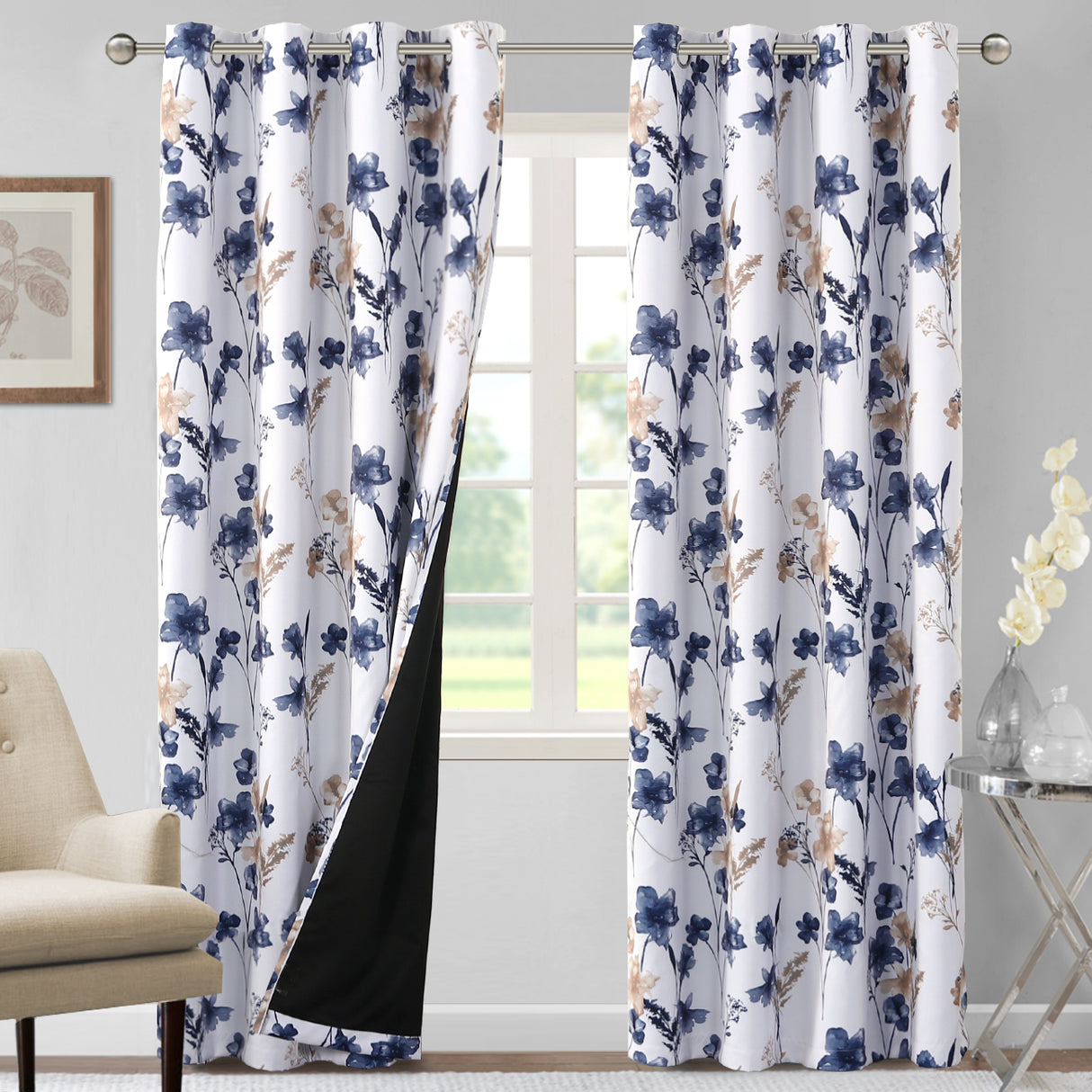 Black Back Printed Floral Curtain