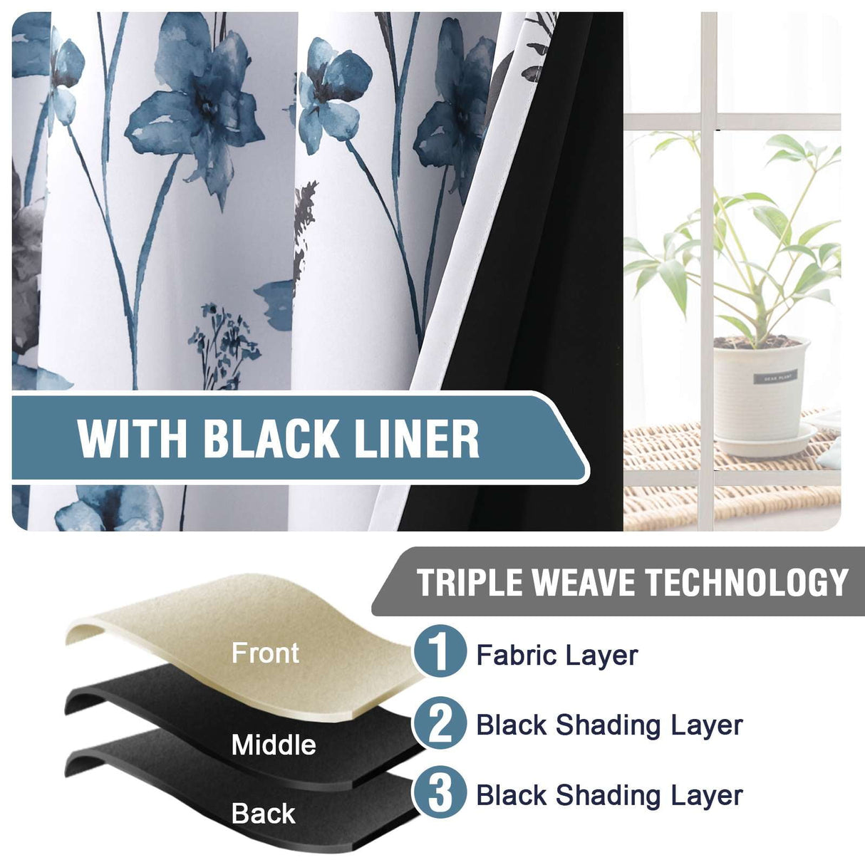 H.VERSAILTEX 100% Blackout Curtains Cattleya Floral Printed Drapes Leah Floral Thermal Bedroom Curtains for Living room with Black Liner 2 Panels,52" x 96",Grey/BLue