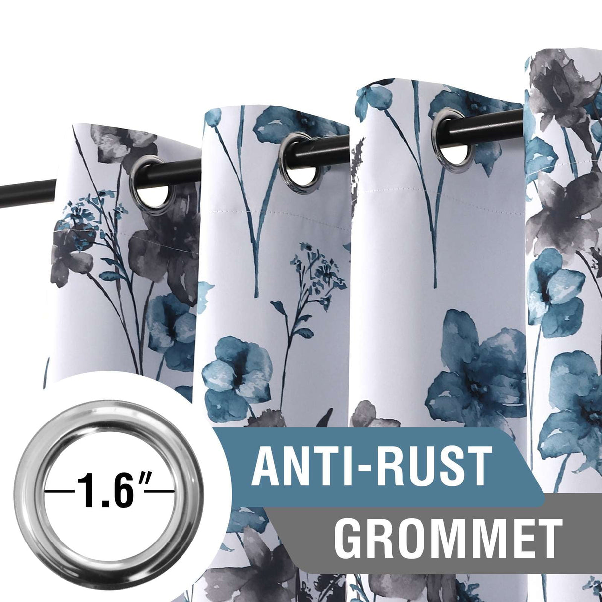 H.VERSAILTEX 100% Blackout Curtains Cattleya Floral Printed Drapes Leah Floral Thermal Bedroom Curtains for Living room with Black Liner 2 Panels,52" x 96",Grey/BLue