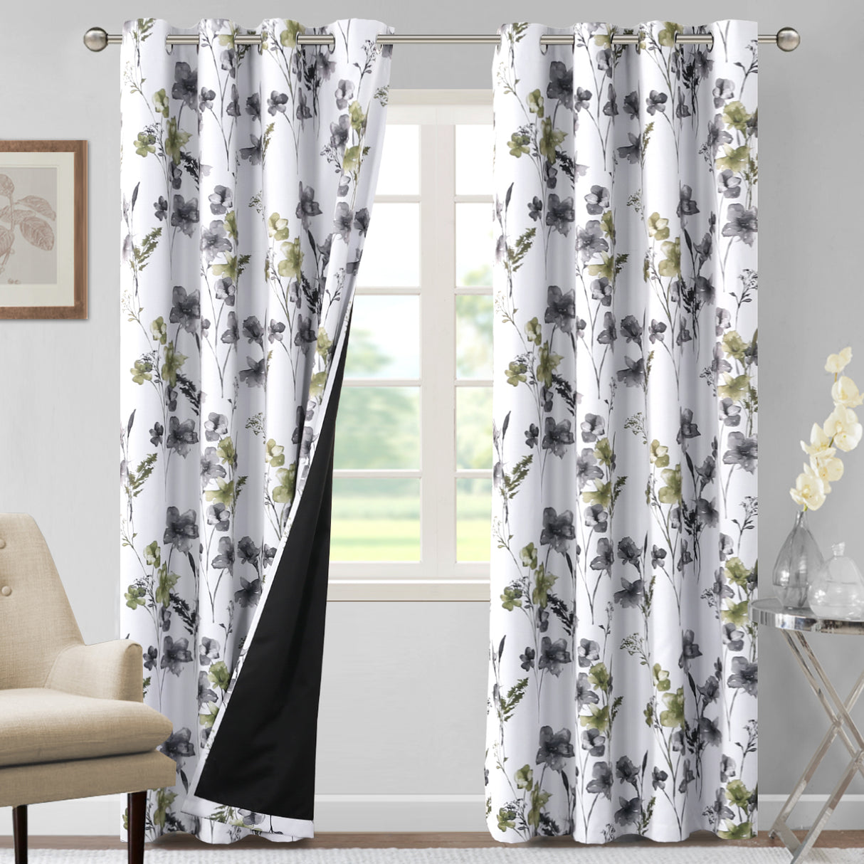 Black Back Printed Floral Curtain