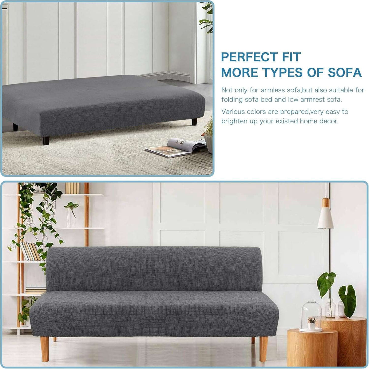 H.VERSAILTEX 100% Waterproof Jacquard Stretch Futon Slipcover Non-Slip Armless Sofa Cover Washable Furniture Protector with Elastic Bottom for Kids and Pets, Grey